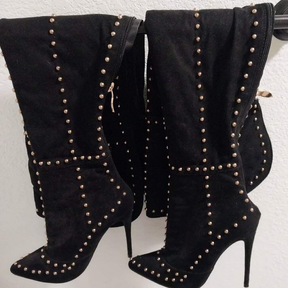 Mackin J Studded Thigh-High 6" Black Suede Boots Size 6